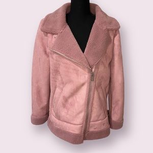 LOFT NWT Pink Faux Suede Moto Aviator Sherpa Jacket Size M